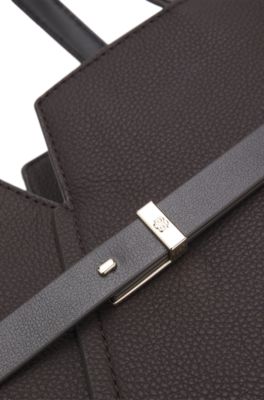 BOSS REVERS tote bag in leather with belt detail, Dark Brown