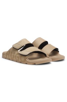 Faux-suede slides with logo detailing, Light Beige