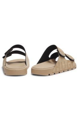 Faux-suede slides with logo detailing, Light Beige