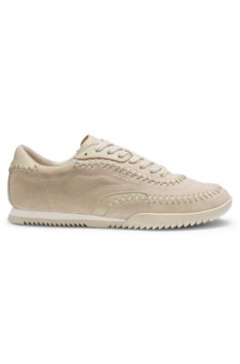 Deportivas de piel de ante con pespuntes, Beige claro