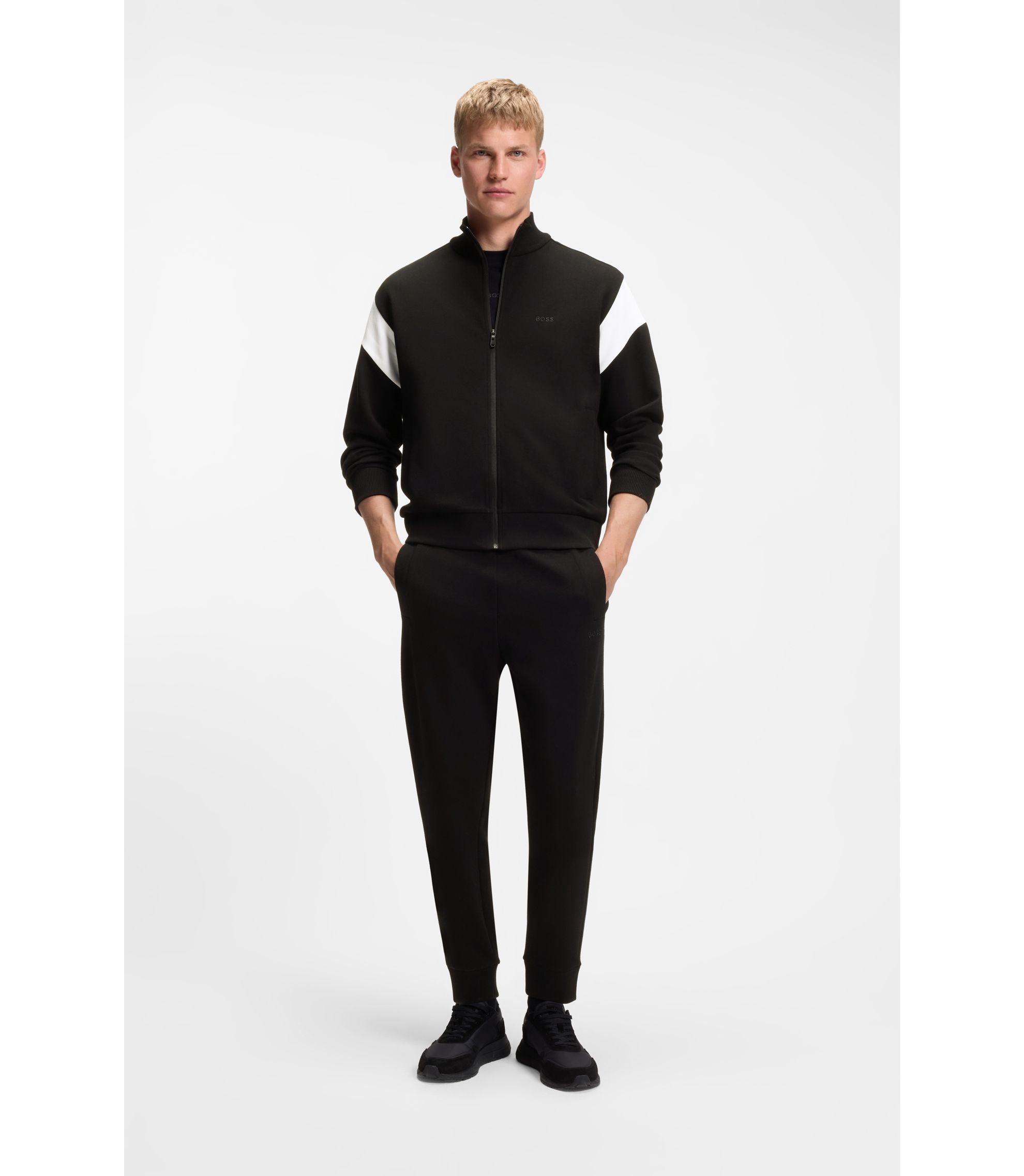 BOSS - Zippered cotton-blend sweatshirt with contrast inserts - Black