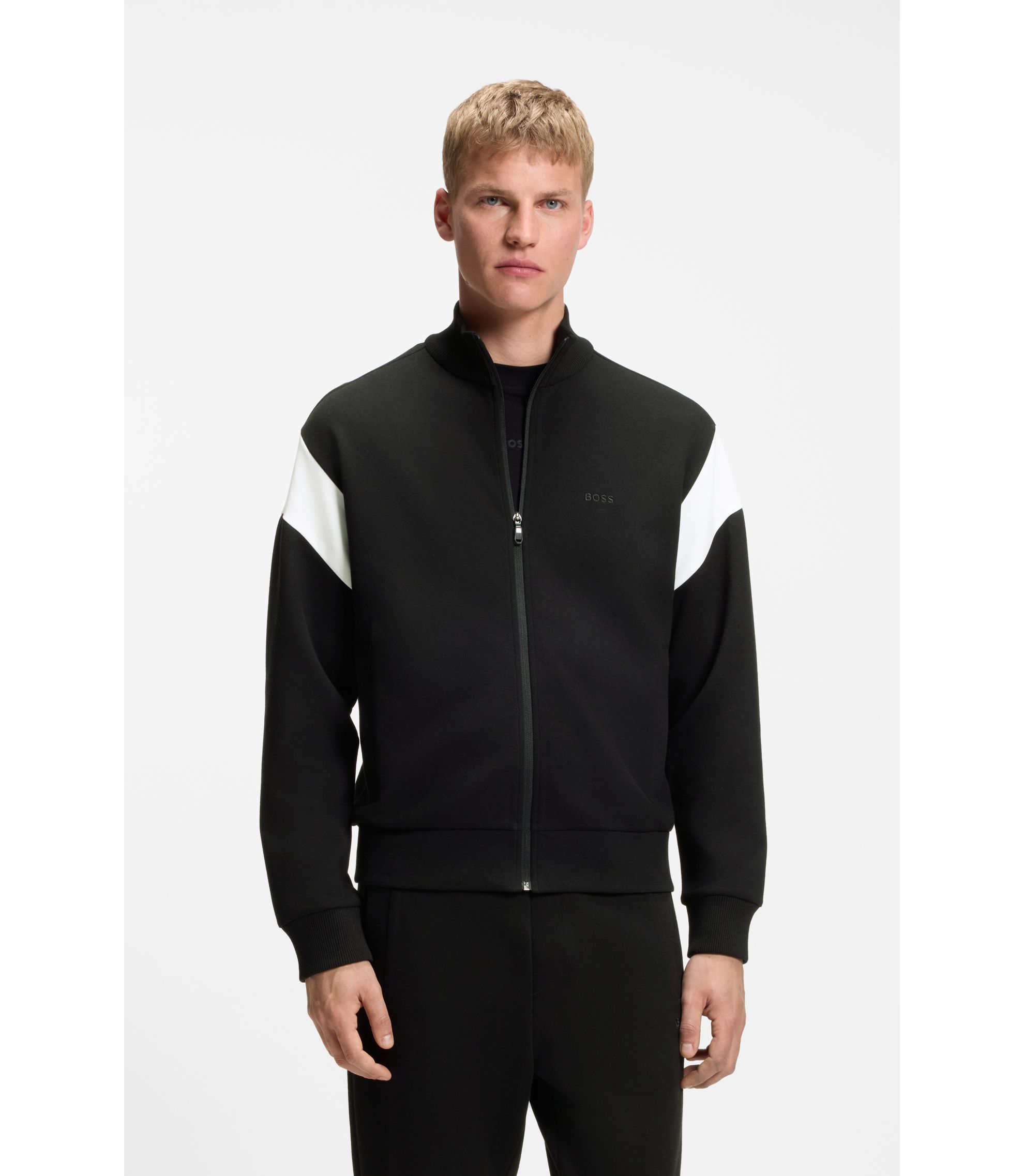 BOSS - Zippered cotton-blend sweatshirt with contrast inserts - Black