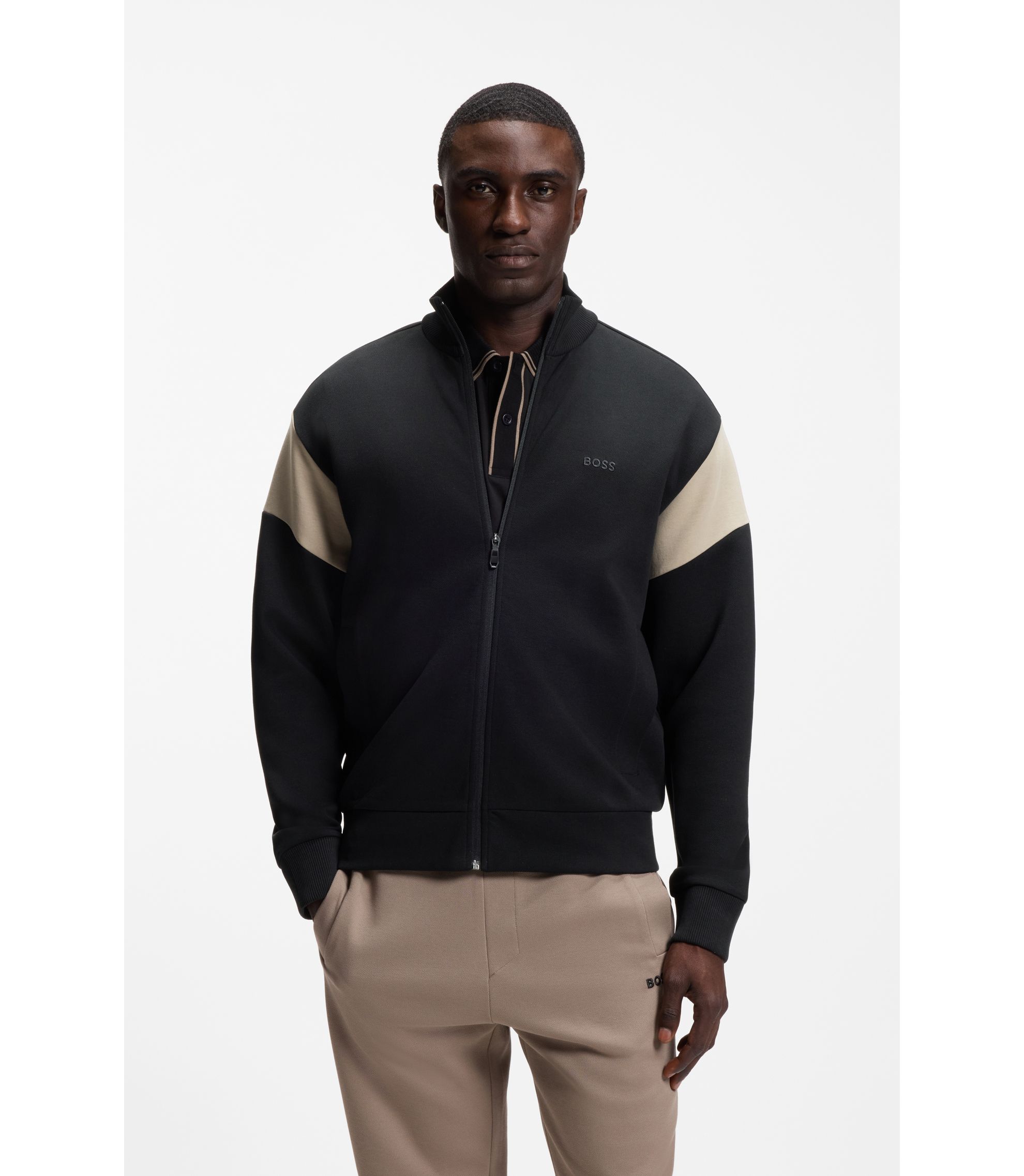 BOSS - Zippered cotton-blend sweatshirt with contrast inserts - Black