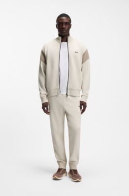 Zippered cotton-blend sweatshirt with contrast inserts, Light Beige