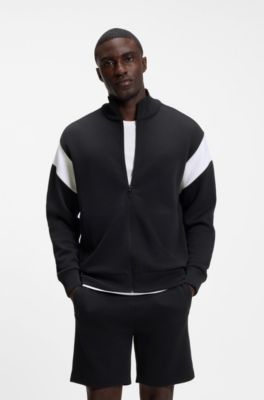 Sudadera de algod&oacute;n con cremallera y apliques en contraste, Azul oscuro
