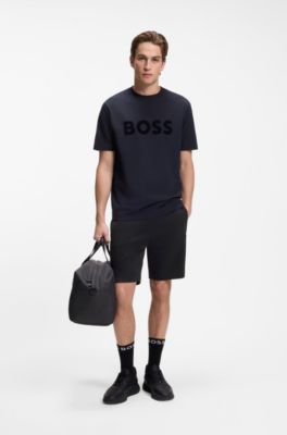 Logo-embroidered shorts in cotton-blend pique jersey, Dark Blue