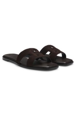 Suede slides with stitched Double B monogram, Dark Brown