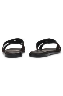 Suede slides with stitched Double B monogram, Dark Brown