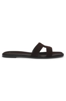 Suede slides with stitched Double B monogram, Dark Brown