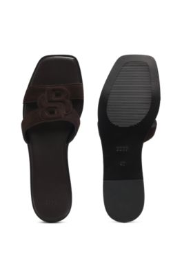 Suede slides with stitched Double B monogram, Dark Brown