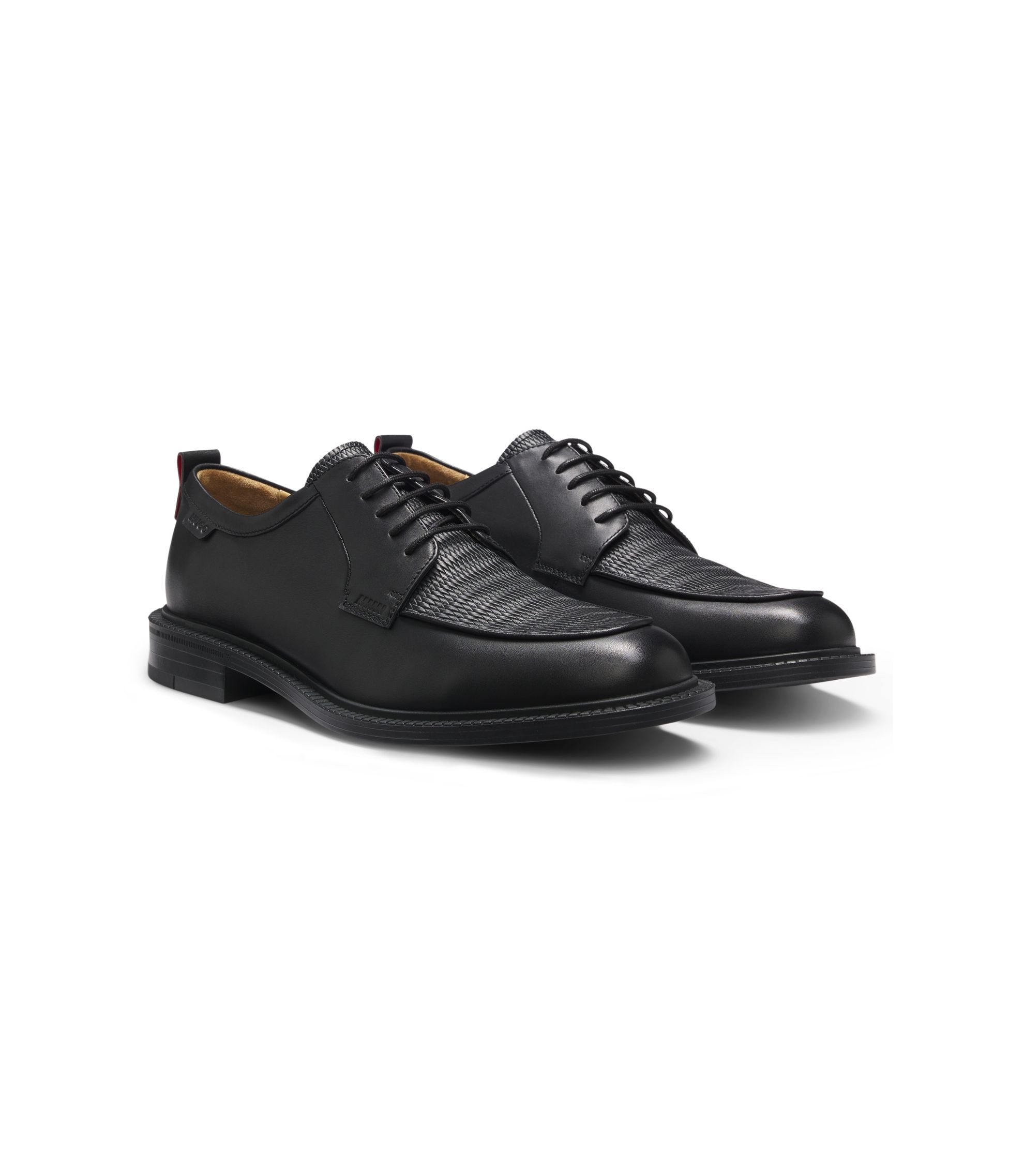 HUGO - Derby shoes in leather with straw-print vamp - Black