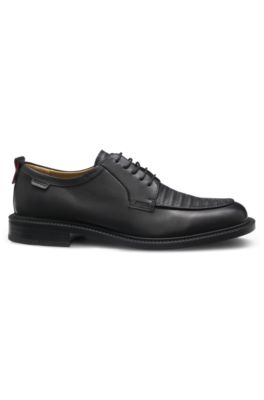 Chaussures derby en cuir avec vamp imprim&eacute; paille, Noir