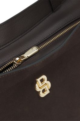 Cabas en cuir su&eacute;d&eacute; avec bordure &agrave; monogramme Double B, Marron fonc&eacute;