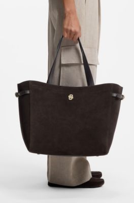 Cabas en cuir su&eacute;d&eacute; avec bordure &agrave; monogramme Double B, Marron fonc&eacute;