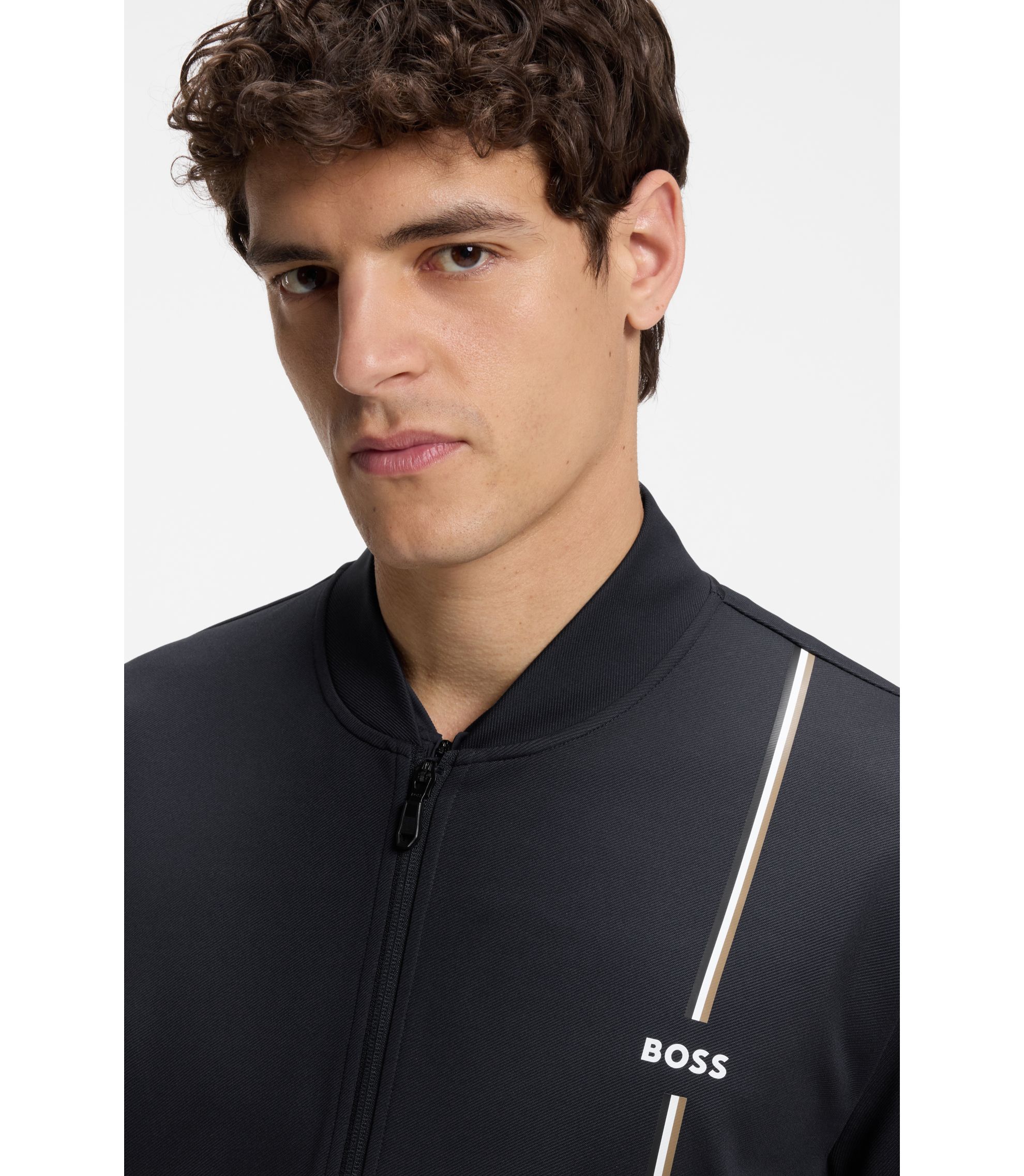 BOSS - Active zip-up sweatshirt with moisture management - Dark Blue