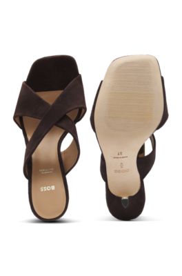 Suede sandals with crossover straps, Dark Brown