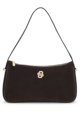 Bolso bandolera de ante con monograma Double&nbsp;B met&aacute;lico, Marr&oacute;n oscuro