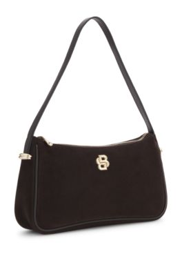 Suede shoulder bag with metallic Double B monogram, Dark Brown