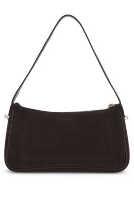 Suede shoulder bag with metallic Double B monogram, Dark Brown