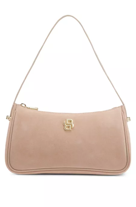 Suede shoulder bag with metallic Double B monogram