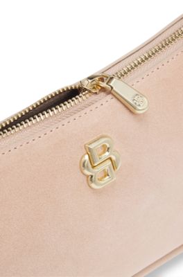 Suede shoulder bag with metallic Double B monogram, Light Red