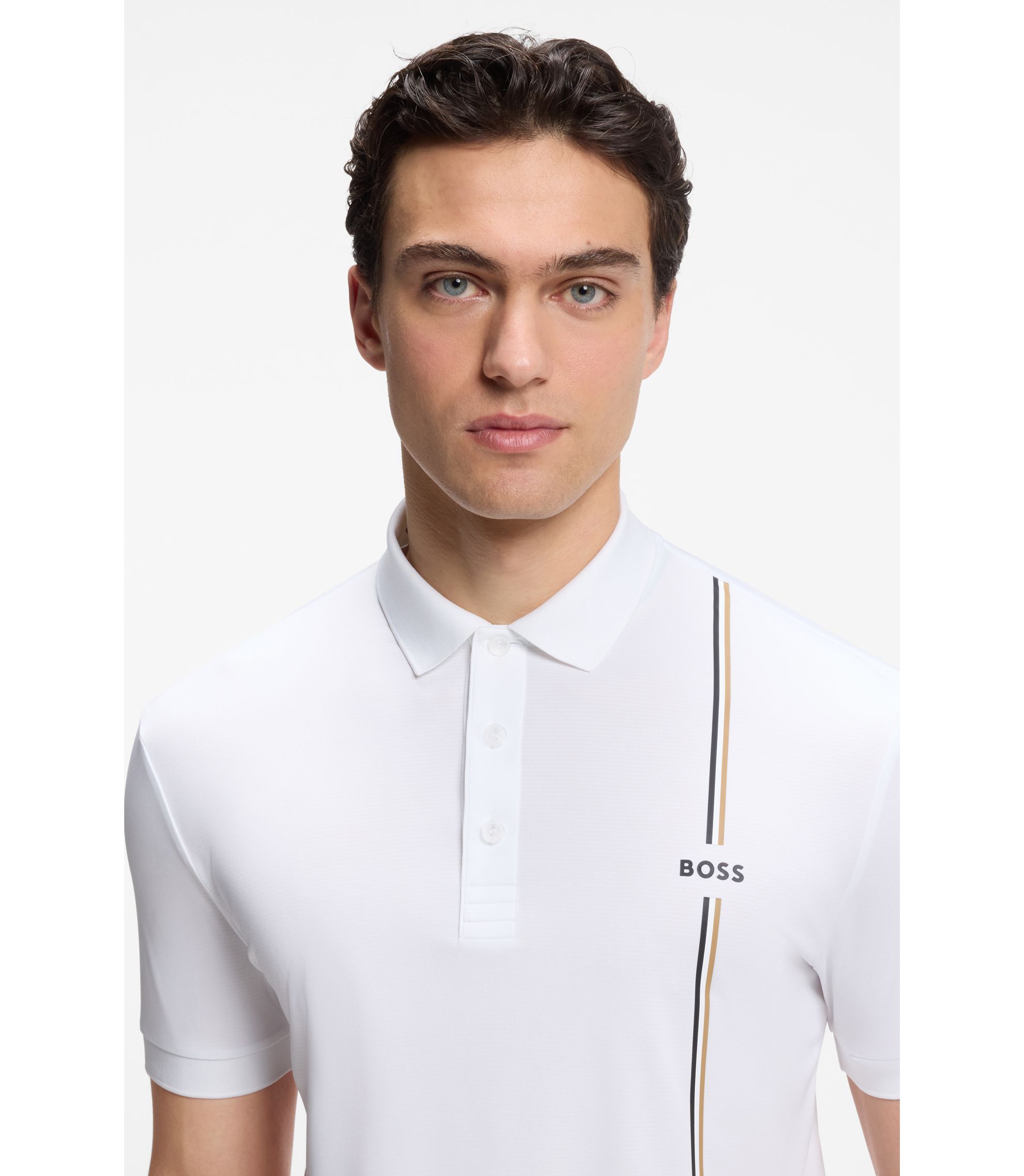 BOSS - Active quick-dry polo shirt with signature stripe - White