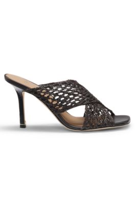 Sandalias de piel con empeine tejido, Marr&oacute;n oscuro
