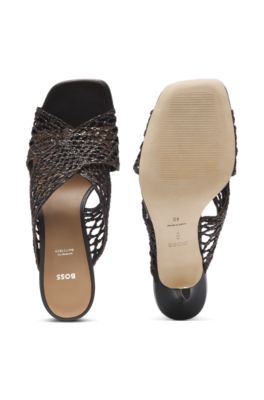 Sandalias de piel con empeine tejido, Marr&oacute;n oscuro