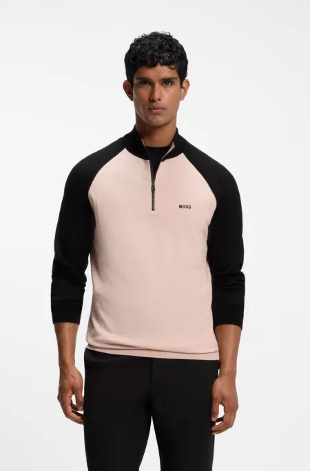 Color-blocked sweater with zipper neck