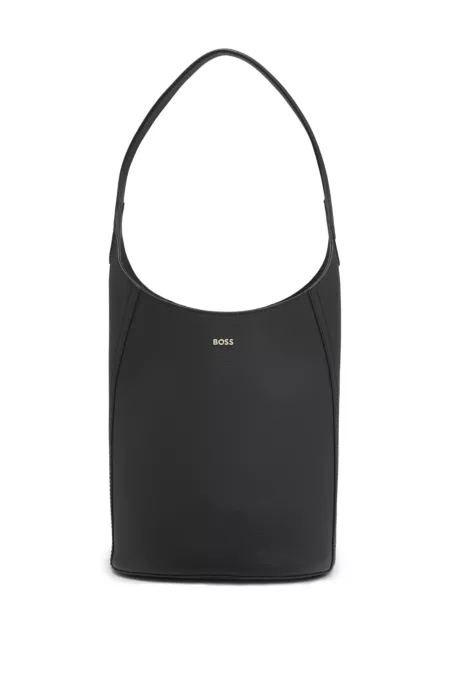Leather bucket bag with metallic logo lettering