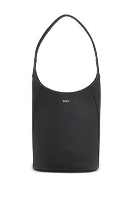 Leather bucket bag with metallic logo lettering, Black