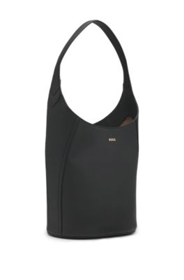 Leather bucket bag with metallic logo lettering, Black