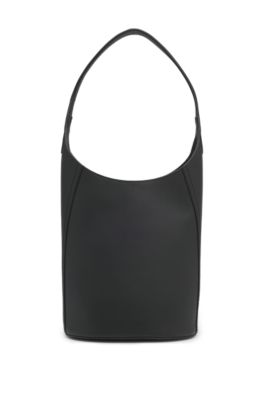 Leather bucket bag with metallic logo lettering, Black