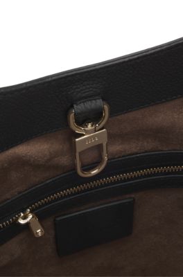 Leather bucket bag with metallic logo lettering, Black