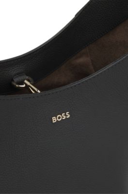 Leather bucket bag with metallic logo lettering, Black