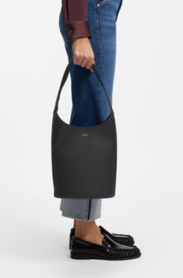 Leather bucket bag with metallic logo lettering, Black