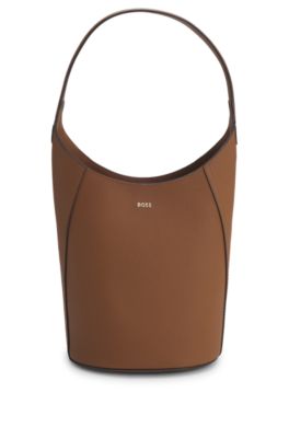 Leather bucket bag with metallic logo lettering, Brown