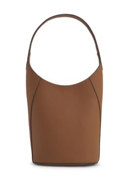 Leather bucket bag with metallic logo lettering, Brown
