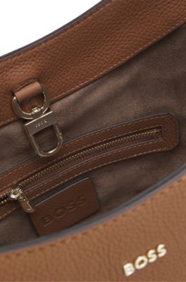 Leather bucket bag with metallic logo lettering, Brown