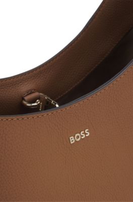 Leather bucket bag with metallic logo lettering, Brown