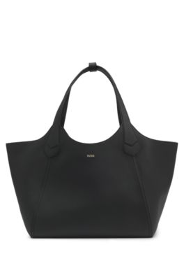 Bolso tote de piel con letras de logo met&aacute;licas, Negro