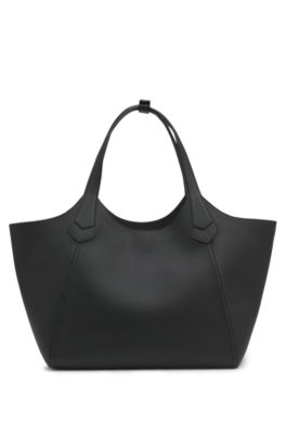 Leather tote bag with metallic logo lettering, Black
