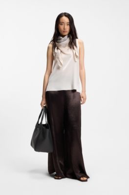 Leather tote bag with metallic logo lettering, Black