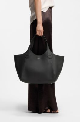 Leather tote bag with metallic logo lettering, Black