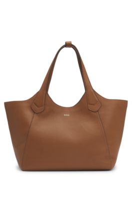 Leather tote bag with metallic logo lettering, Brown