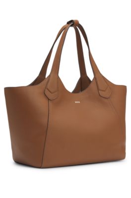 Leather tote bag with metallic logo lettering, Brown