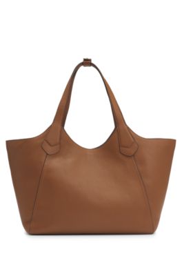 Leather tote bag with metallic logo lettering, Brown