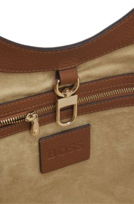 Bolso tote de piel con letras de logo met&aacute;licas, Marr&oacute;n