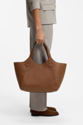 Leather tote bag with metallic logo lettering, Brown