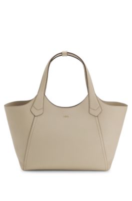 Leather tote bag with metallic logo lettering, Light Beige